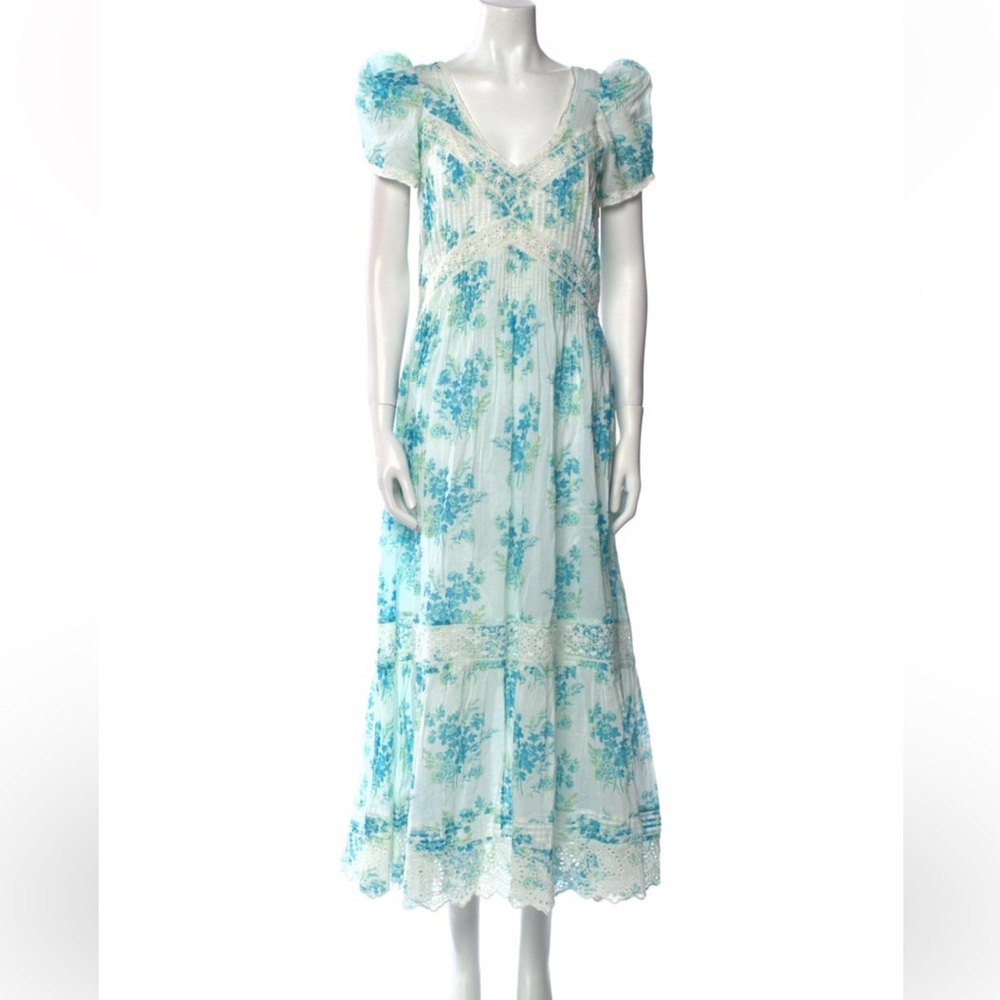 LoveShackFancy White and Blue Floral Puff Sleeve Maxi Dress 100% Cotton